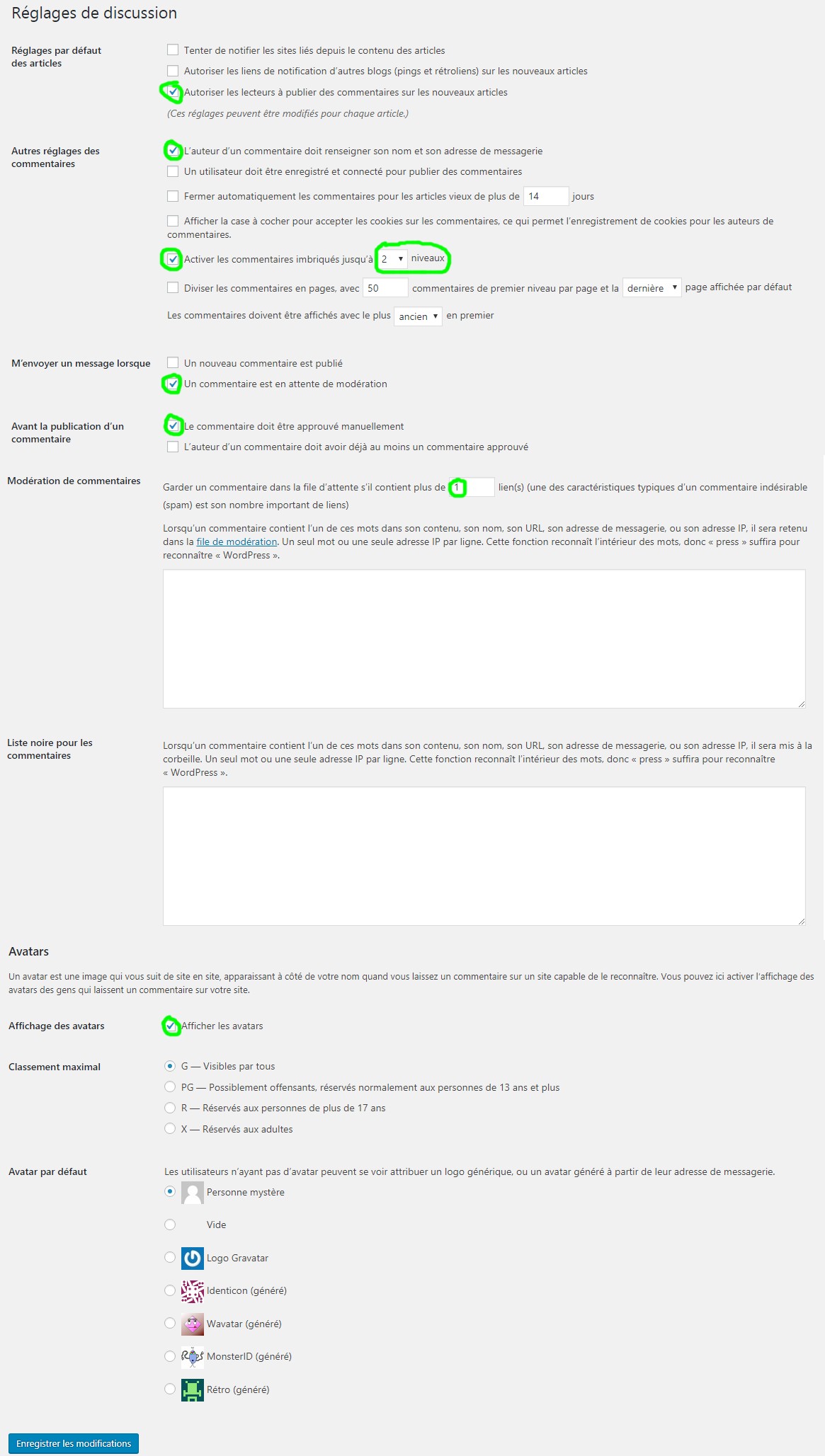 réglage discussions commentaires wordpress